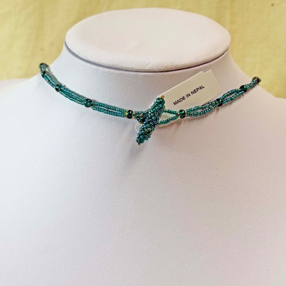 HIMALAYAN GEMS HANDCRAFTED BEADED BIB, TEAL & GOLD SEED BEADS, 18 INCHES LONG, - Picture 4 of 4